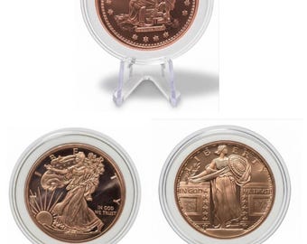 SET OF 3 Walking Liberty + Standing Liberty + Trade Dollar Copper Rounds • Capsules & Display Stands • 1 oz Pure Copper (.999 Fine)