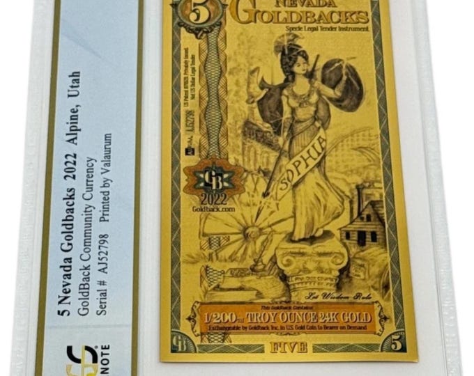 2022 Nevada 5 GOLDBACKS • 1/200 oz Fine Gold • 99.9% Pure Fractional Gold Currency 24K • Graded Superb Gem Uncirculated PCGS Banknote 69 PPQ