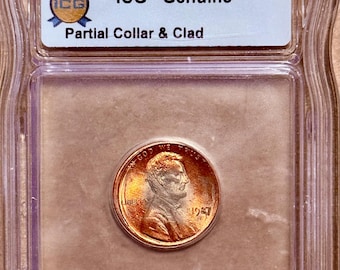 Lincoln Memorial Penny MINT ERROR 1987, collier partiel et couche de revêtement manquante • Indice ICG Authentique