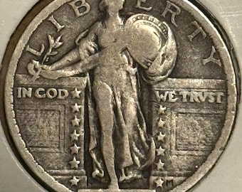 1924 P Standing Liberty Quarter • 90% Silver Type Coin • Philadelphia Mint • Ungraded F (Fine)