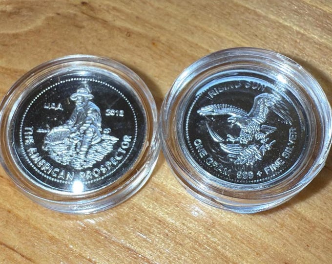 SET OF 2 Miniature American Prospector Engelhard Tribute Coin, Protective Capsule • 1 Gram Fine Silver (99.9% Pure) • Fractional Round, 15mm