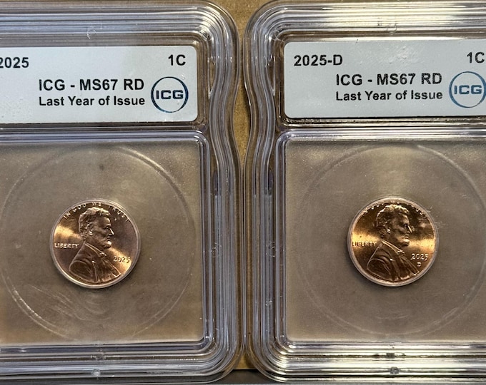 Featured listing image: FEATURED SALE! 2025 P & D Lincoln Cent Shield Penny Set • Last Year of Issue Label • Graded ICG MS67 Rd (Red)