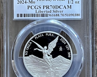 2024 Mexico Libertad 1/2 Onza Proof Coin • 1/2 oz Pure Silver (.999 Fine) • First Day of Issue Flag Label • Graded PCGS PR70 Deep Cameo
