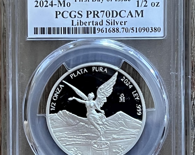 2024 Mexico Libertad 1/2 Onza Proof Coin • 1/2 oz Pure Silver (.999 Fine) • First Day of Issue Flag Label • Graded PCGS PR70 Deep Cameo