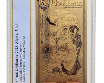 2023 Utah 5 GOLDBACKS • 1/200oz Fine Gold • 99.9% Pure Fractional Currency Note 24K • Graded Supreme Gem Uncirculated, PCGS Banknote 70 PPQ