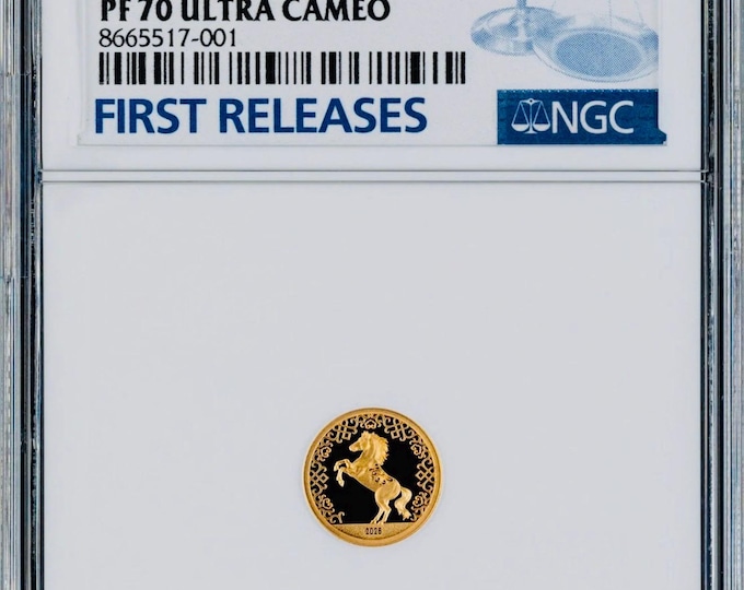 Lunar Year of The Horse • 0.5g Pure Gold Proof Coin (.9999 Fine) • First Releases Label • 2026 Mongolia • Graded NGC PF70 Ultra Cameo