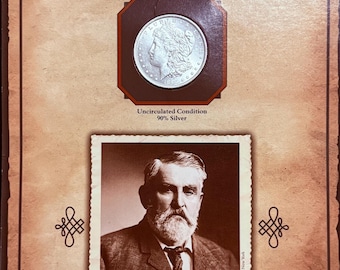 1885 P Morgan Silver Dollar • 90% Silver Uncirculated Coin BU • Philadelphia Mint • Cattle Rancher Charles Goodnight Display + Vintage Stamp