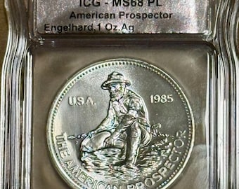 1985 Engelhard American Prospector, Eagle Reverse • 1 oz Pure Silver Round (.999 Fine) •  Graded ICG MS68 PL (Proof-Like)