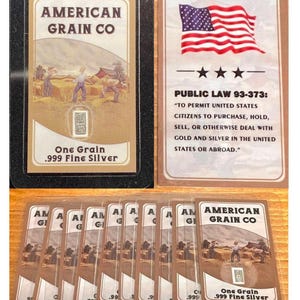 Lot of 10 • 1gr .999 Fine Silver Bars (99.9% Pure) in Laminated Public Law 93-373 Card • American Grain Co