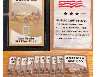Lot of 10 • 1gr .999 Fine Silver Bars (99.9% Pure) in Laminated Public Law 93-373 Card • American Grain Co