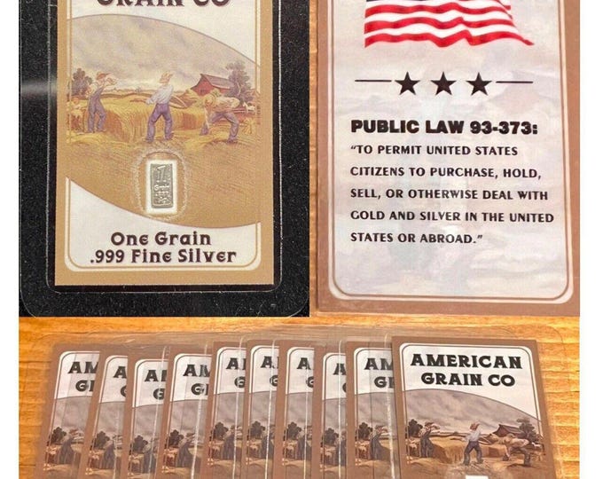 Lot of 10 • 1gr .999 Fine Silver Bars (99.9% Pure) in Laminated Public Law 93-373 Card • American Grain Co