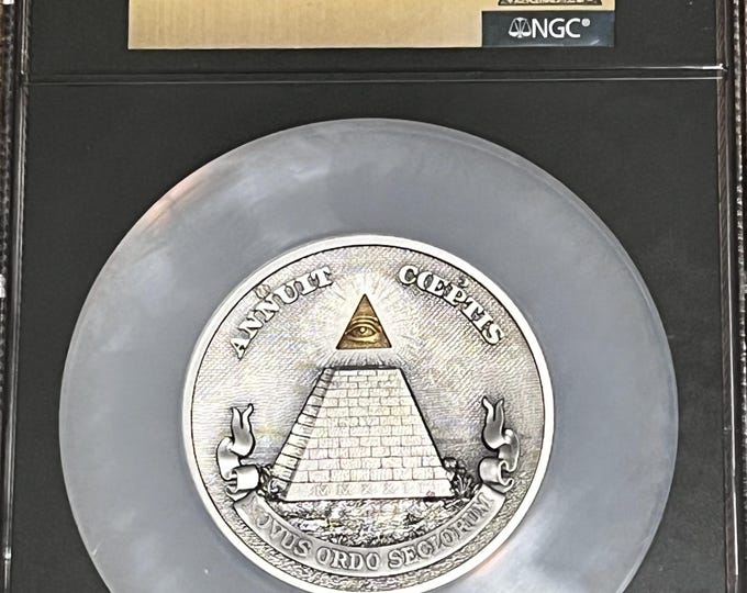 Eye of Providence, Gold Gilded All Seeing Eye • First Day of Issue Label • 5 oz Fine Silver, Ultra High Relief • 2022 Niue NGC MS70 Antiqued