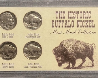 Historic Buffalo Nickel Mint Mark Collection • 1918 D, 1936 P, 1936 D, 1936 S • Ungraded F/VF (Fine/Very Fine) in Vintage Display