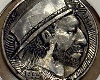 Genuine HOBO NICKEL Hand-Carved on a 1935 Buffalo Nickel by Artist CM • Bert The Bearded Top Hat Guy in Capsule