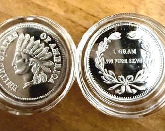 SET OF 2 Miniature Indian Head Penny Tribute Coin in Protective Capsule • 1 Gram Fine Silver (99.9% Pure) • Fractional Round, 15mm