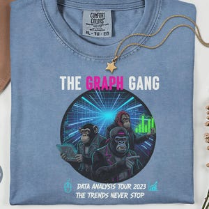 Könnte beinhalten: Blaues Jeans-T-Shirt mit dem Text "THE GRAPH GANG" in Weiß und Rosa. Das Shirt zeigt eine Grafik von drei Cartoon-Affen mit Datenanalyse-Diagrammen. Der Text "DATA ANALYSIS TOUR 2023" und "THE TRENDS NEVER STOP" sind ebenfalls auf dem Shirt aufgedruckt.