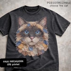 May include: Black t-shirt featuring a cat face with blue eyes and a faux patchwork design. The text "PERSONALIZE choose the cat" is above the cat image. The text "FAUX PATCHWORK DTG printed" is below the cat image.