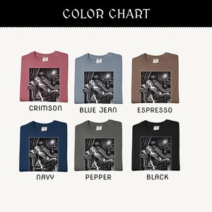 May include: Color chart of crewneck sweatshirts in various colors: crimson, blue jean, espresso, navy, pepper, and black. Each shirt features a black and white graphic of a person reclining on a chaise lounge. The text "COLOR CHART" is at the top.