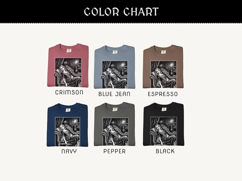 May include: Color chart of crewneck sweatshirts in various colors: crimson, blue jean, espresso, navy, pepper, and black. Each shirt features a black and white graphic of a person reclining on a chaise lounge. The text "COLOR CHART" is at the top.