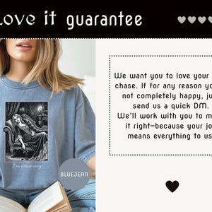 May include: A light blue t-shirt with a black and white graphic of a woman in a vintage setting. The text "I am after so many" is below the graphic. The text "Love it guarantee" is at the top.