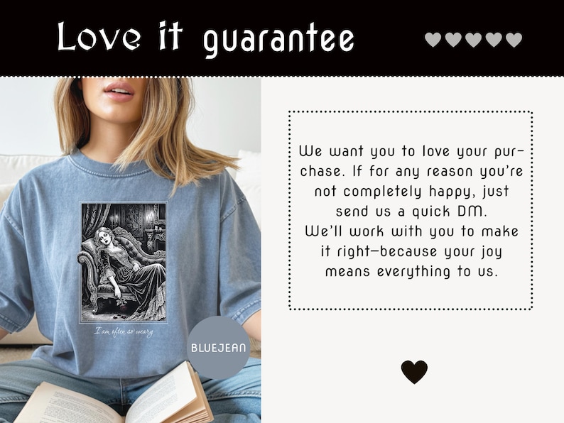 May include: A light blue t-shirt with a black and white graphic of a woman in a vintage setting. The text "I am after so many" is below the graphic. The text "Love it guarantee" is at the top.