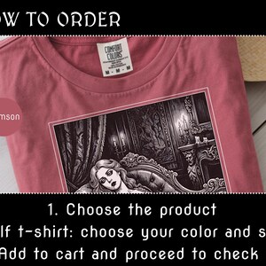 May include: Crimson-colored t-shirt with a graphic print of a woman reclining in a gothic-style room. The shirt has a crew neck and short sleeves. The text "HOW TO ORDER" and ordering instructions are also visible.