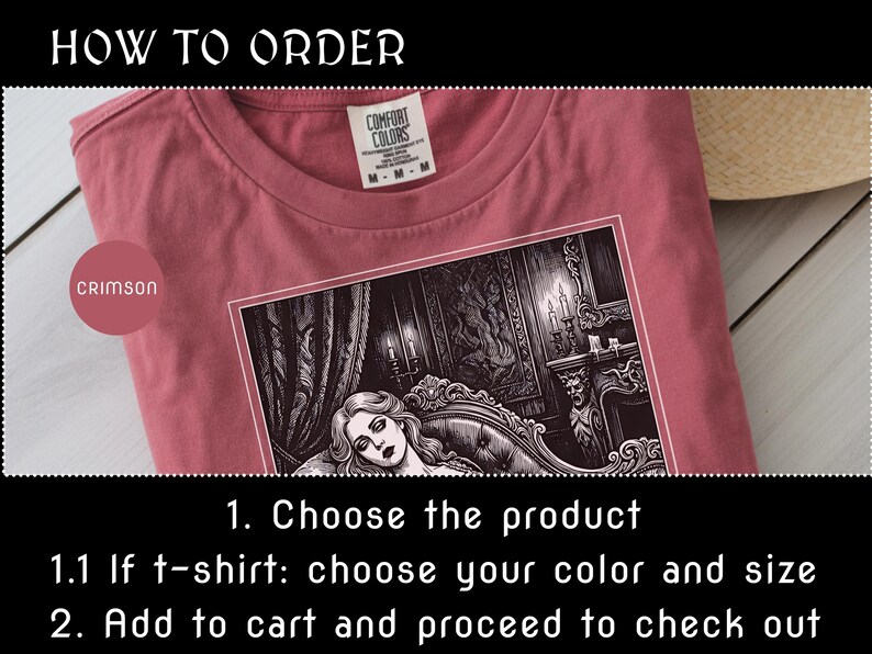 May include: Crimson-colored t-shirt with a graphic print of a woman reclining in a gothic-style room. The shirt has a crew neck and short sleeves. The text "HOW TO ORDER" and ordering instructions are also visible.