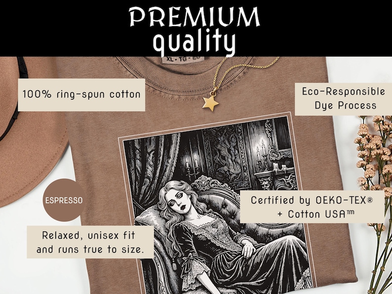 May include: Espresso-colored t-shirt with a black and white illustration of a woman in a gothic setting. The shirt is made of 100% ring-spun cotton and has a relaxed, unisex fit. The shirt is certified by OEKO-TEX&reg; + Cotton USA&trade;.