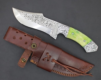 Ręcznie robiony nóż myśliwski ze stali D2: rękojeść z żywicy w kolorze limonkowym, grawerowane ostrze