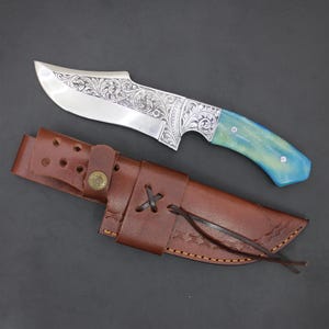 Handmade D2 Steel Hunting Knife: Blue Resin Handle, Engraved Blade