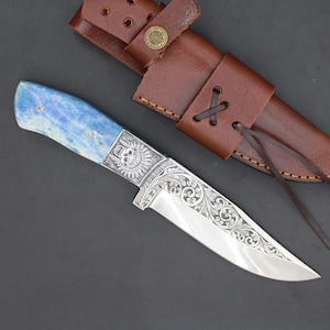 Handmade D2 Steel Hunting Knife: Blue Resin Handle, Leather Sheath