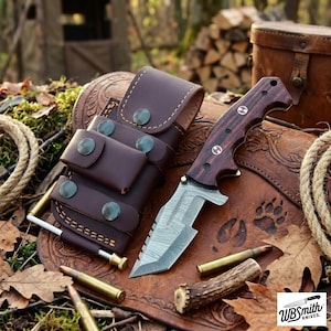Custom made Damascus steel folding knife, rose wood handle with leather sheath, groomsman gift for him camping gear