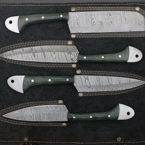 Küchenmesser Geschenk für Chefkoch Set Handmade Damast-Stahl Küchenmesser Set G10 Micarta & Lederscheide 4 Stück Set Geburtstagsgeschenk für Ihn.