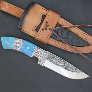 Handmade D2 Steel Hunting Knife: Blue Resin Handle, Engraved Blade, Leather Sheath