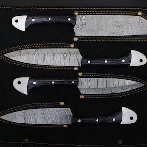 Gift For Chef Chef Set Handmade Damascus Steel Kitchen Set PakkaWood & Leather Sheath 4pcs Set Birthday Gift Groomsman Gift Anniversary Gift