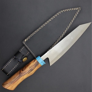 Handmade D2 Steel Chef Knife: Olive Wood Handle, Leather Sheath