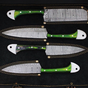 Kitchen Set Handmade Damascus Steel Chef Set With Color Wood & Leather Sheath 4pcs Set Birthday Gift Groomsman Gift Anniversary Gift For Him