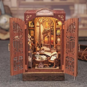DIY Book Nook Kit: Miniature Wooden Bookshelf Insert with LED Lights