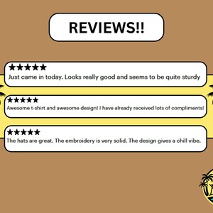 May include: Image with the word "REVIEWS!!" at the top. Below are three customer reviews with five-star ratings. The reviews mention a t-shirt, hats, and overall design quality. Palm trees and a beach-themed logo are also present.