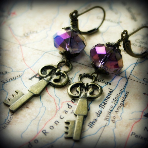 THE SECRET GARDEN- Antiqued Brass Skeleton Key and Purple Crystal Earrings