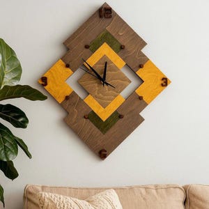 Geometric Wood Wall Clock: Modern Rustic Decor, Handmade Plywood