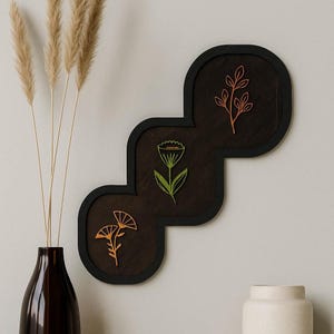 Botanical Wood Wall Art: Embroidered Monstera Leaf, 3-Piece Panel