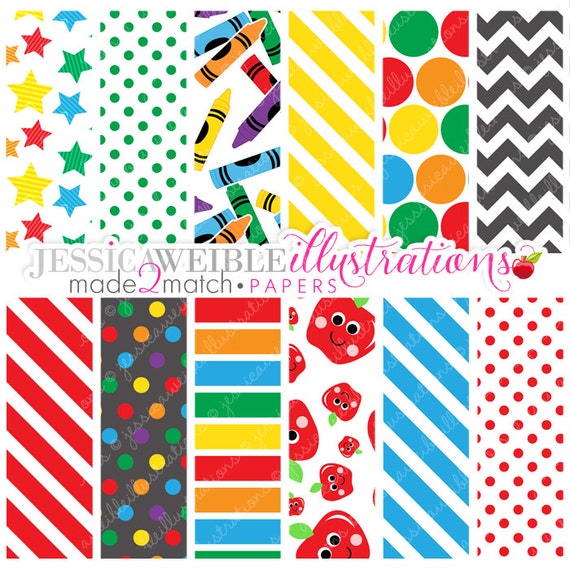Made 2 Match School Frames Cute Digital Papers - Commercial Use Ok - School Pattern Papers, Crayon Papers, Apple Papers Il_570xn