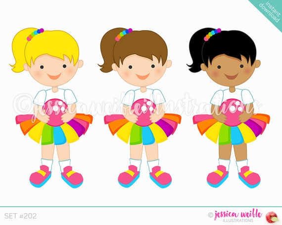 rainbow tutu bowling girl cute digital clipart girl with bowling