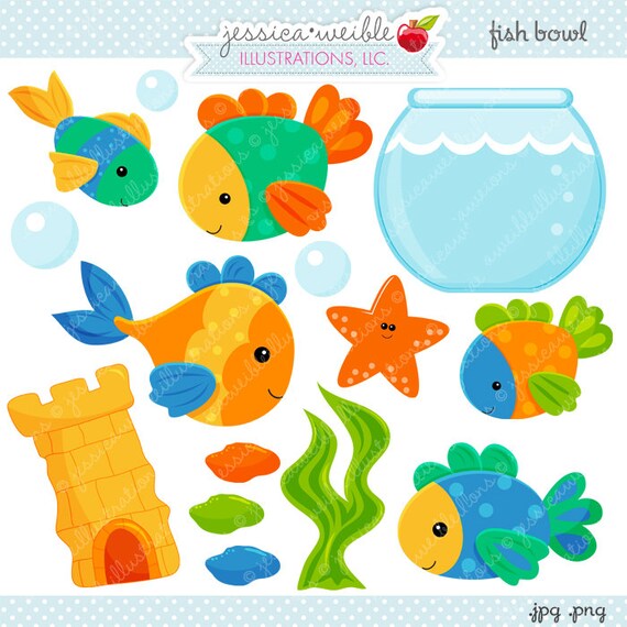 Fish Bowl Cute Digital Clipart - Commercial Use OK - Fish Clipart, Fish Graphics, Goldfish Theme Il_570xn