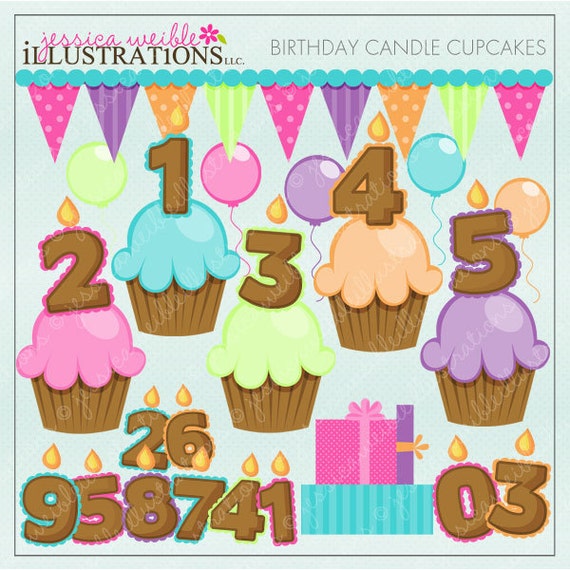 Birthday Candle Cupcakes Cute Digital Clipart for Card Design, Scrapbooking, and Web Design Il_570xn