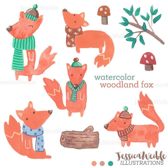 Watercolor Woodland Fox Clip Art, Digital Download, Woodland Graphics, Woodland Clipart, Fox Clipart, Hand Painted, Fox Images, Watercolour Il_570xn
