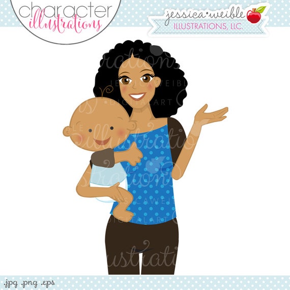 Afican American Mommy & Baby Boy Character Illustration, Illustration of Woman Carrying Baby, Mother and Child Illustration Graphic Il_570xn