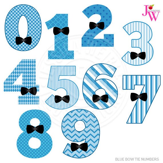 Blue Bow Tie Numbers Cute Digital Clipart, Bow Tie Boy Number Graphics, Number Clip Art, Blue Patterned Numbers, Digital Art Il_570xn