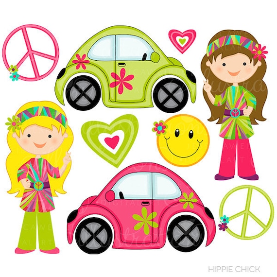 Hippie Chick Cute Digital Clipart - Commercial Use OK - Retro Girls, Peace Sign, Love Bug, Hippie Graphics Il_570xn